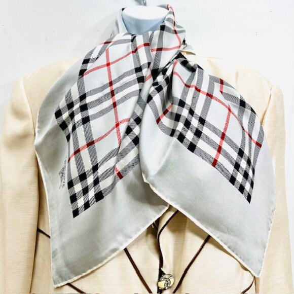 Burberrys 100% Silk Scarf 34" Nova Check Plaid Equestrian Knight Gray Black (61) - Picture 5 of 14